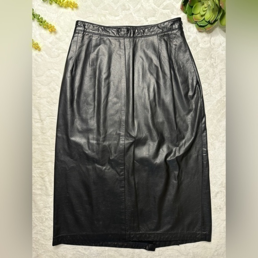 Vintage 1980s 80s Siena Black 100% Leather Midi Length Pencil Skirt Womens 8